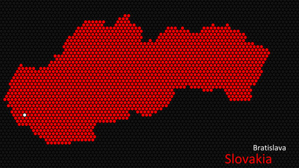 A map of Slovakia, with a dark background and the country's outline in the shape of a colored hexagon, centered around the capital. A simple sketch of the country