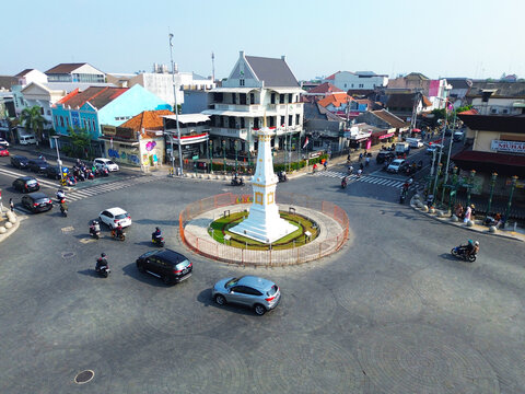 Aerial view of  The Golong Gilig Monument, known as the Jogja Monument (Tugu Jogja), Yogyakarta, Indonesia