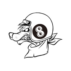 cartoon illustration of a wolf wearing a helmet in black and white