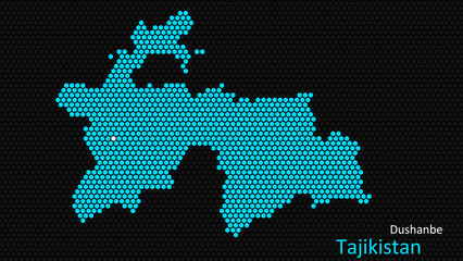 A map of Tajikistan, with a dark background and the country's outline in the shape of a colored hexagon, centered around the capital. A simple sketch of the country