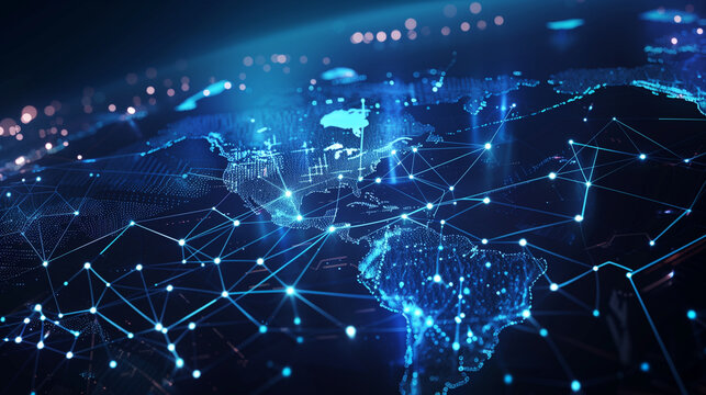"Abstract digital world map, idea of worldwide network and connections on Earth, data moving and cyber tech, info exchange and global telecommunication"