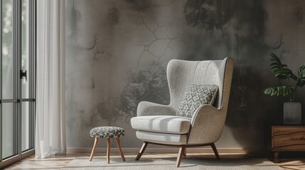 Armchair with cushion and stool in the living room