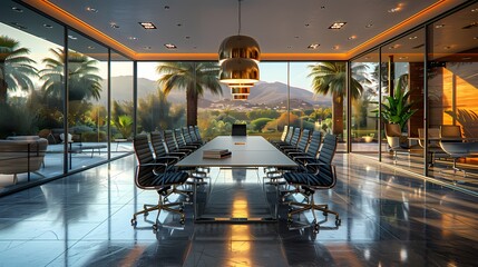 A modern glass-walled conference room with black leather chairs, a white conference table, and gold...