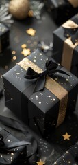 Charcoal black gift boxes with gold ribbons, on a matching black backdrop, with subtle golden star details