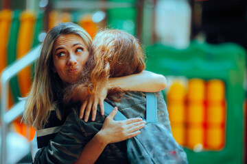 Woman Hugs Fake Friend Making Faces Behind her Back. Backstabbing toxic girlfriend embracing...
