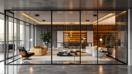 A modern glass office interior with black steel beams, white walls, and gold accents, creating a striking and sophisticated environment for productivity and innovation