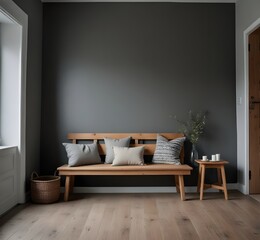  Wooden bench against grey wall and staircase in Scandinav