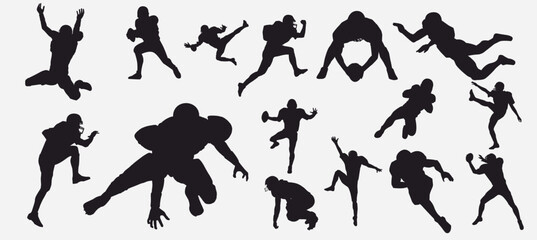Set of American football player silhouette. 