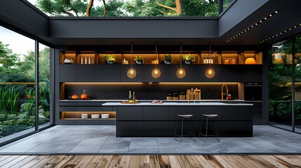 A modern kitchen with black matte cabinets, white quartz countertops, and gold pendant lights,...