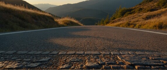 sunset over the road | low level veiw of empty old paved road in mountain | panorama of the mountains