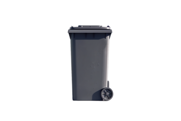 A black metal trash bin isolated on white background