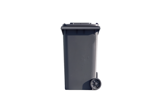 A black metal trash bin isolated on white background