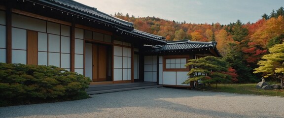 main entrance door of japanese minimalist style exterior | japanese  old house in autumn