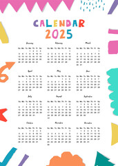 2025 table yearly calendar week start on Sunday with shape that use for vertical digital and printable A4 A5 size
