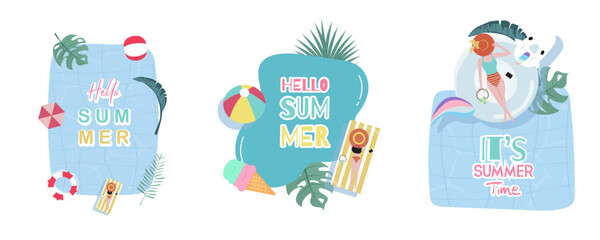 Party summer time object with pool and beach for postcard design