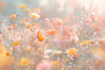 Fototapeta premium A beautiful meadow field with delicate grasses in neutral colors. Banner with blurred background and sun rays. Gramma. Pastoral landscapes. Boho landscape in summer or spring