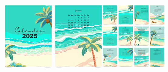 2025 table calendar week start on Sunday with beach that use for vertical digital and printable A4 A5 size