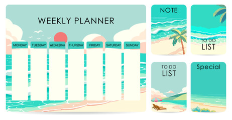 cute weekly planner background with beach,summer.Vector illustration for kid and baby.Editable element