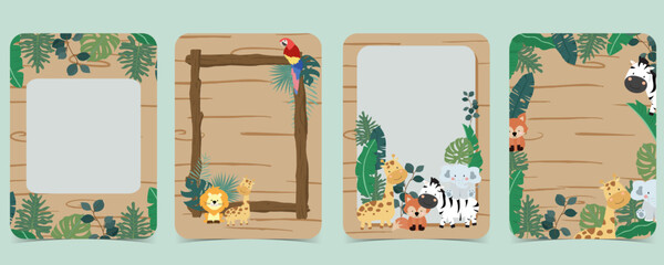 safari banner with giraffe,elephant,zebra,fox and leaf frame.vector illustration for a4 design © piixypeach