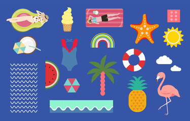 summer object with watermelon,pineapple,sun,beach.illustration vector for postcard.