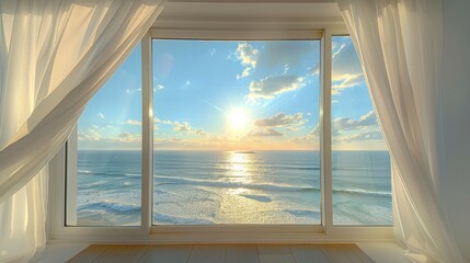 Outside the window is a room with the sea