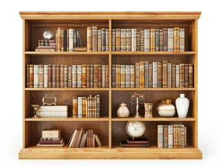 Bookshelf Spacious bookshelf filled with books and decorative items, side view to display its functionality and style, isolated on white background.