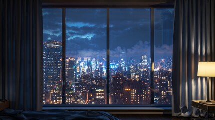 Modern urban skyscraper landscape seen through indoor windows at night