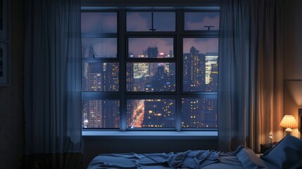 Modern urban skyscraper landscape seen through indoor windows at night