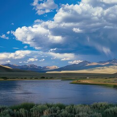 a reservoir near the twin mountains and blue skies