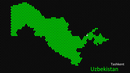 A map of Uzbekistan, with a dark background and the country's outline in the shape of a colored hexagon, centered around the capital. A simple sketch of the country