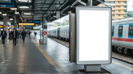  Empty banner signboard for advertising at the platform train station and blur motion. 