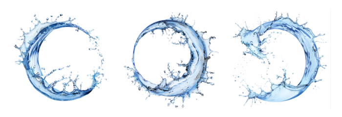 Set of Realistic blue water half circle splash isolated on white background.