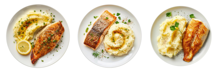 Plates with fried fish and mashed potatoes isolated on transparent background, top view