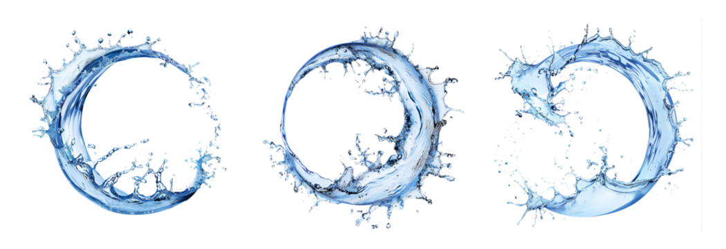 Set of Realistic blue water half circle splash isolated on white background.