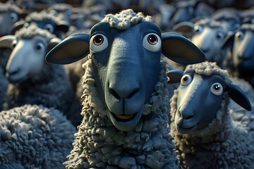 flock of sheep with one in the middle having big eyes, Eid Ul Adha Mubarak, Islam Sacrifice Sunnah Qurbani Religion concept - Powered by Adobe