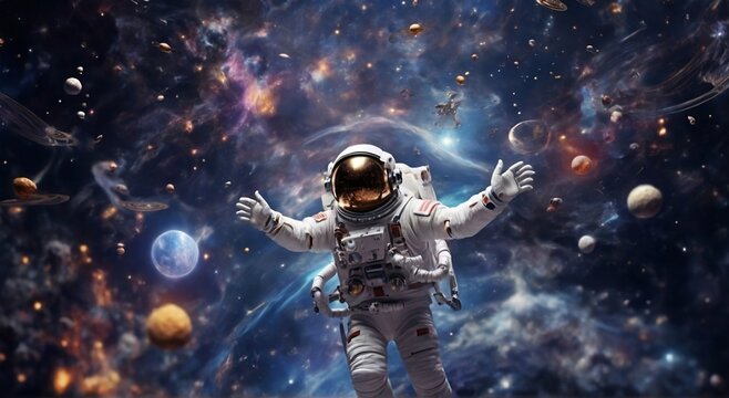 In a euphoric moment, the astronaut's soul dances amidst the stars as they make their inaugural touchdown in outer space. Illustration of a space traveler