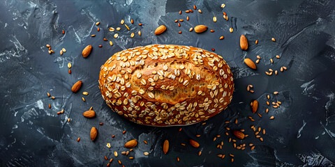 A loaf of bread with almonds on a dark background. - Powered by Adobe