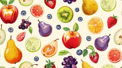 Colorful seamless pattern with various fruits. Juicy pears, apples, oranges, lemons, grapes, strawberries, blueberries, and kiwi.