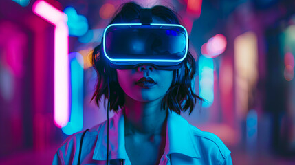 A woman wearing a virtual reality headset. - obrazy, fototapety, plakaty