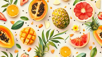 Colorful variety of tropical fruits. - obrazy, fototapety, plakaty