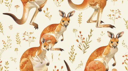 Cute kangaroos with watercolor flowers and leaves. Seamless pattern. - obrazy, fototapety, plakaty