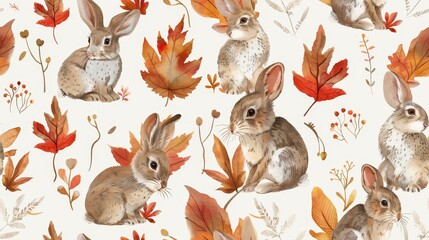 Cute watercolor bunnies and leaves. Perfect for autumn nursery or kids room. - obrazy, fototapety, plakaty