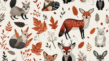 Cute woodland animal seamless pattern with fox, deer, raccoon, bunny, and owl. Perfect for autumn and winter projects.