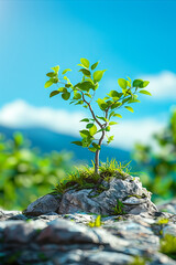 A small tree growing on top of a rock. - obrazy, fototapety, plakaty