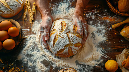 A man is kneading bread on a wooden table. - obrazy, fototapety, plakaty