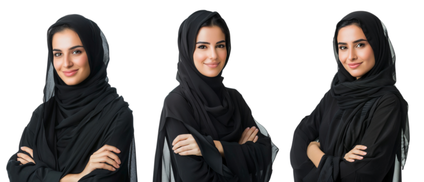Smiling beauty Arab women in black hijab standing arms crossed, stylish modern Muslim models isolated on transparent background