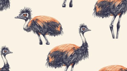 Obraz premium The image is a hand-drawn illustration of a seamless pattern with ostriches