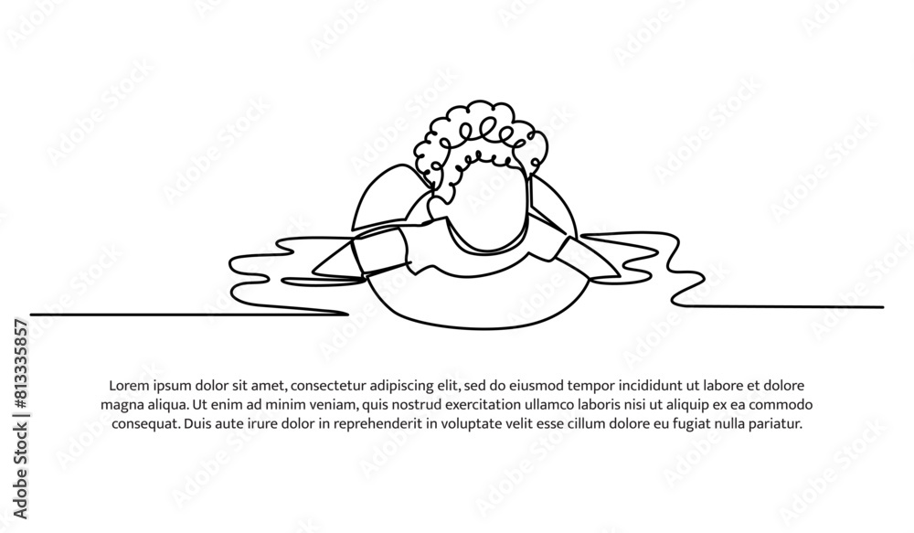 Poster continuous line design of a boy floats in the water using a tire swimming float. single line decorat