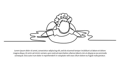 Continuous line design of a boy floats in the water using a tire swimming float. Single line decorative elements drawn on a white background.