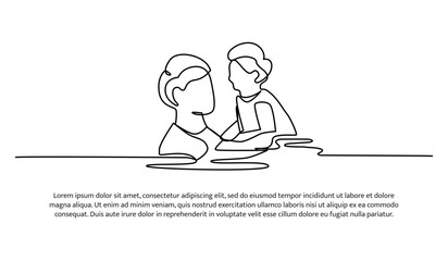 Continuous line design of father teaches boy to swim. Single line decorative elements drawn on a white background.